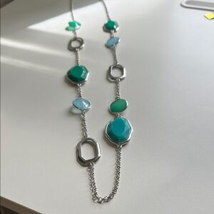 3 for $12 Silver Long Necklace with Green and Aqua Gemstone Accents